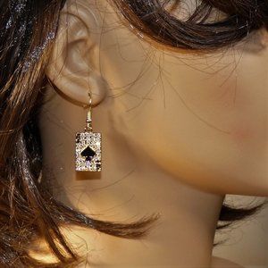 FUN! Sparkling Goldtone and Rhinestones Ace of Spades Card Earrings